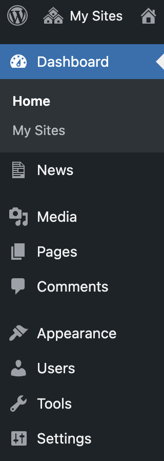 WordPress dashboard menu