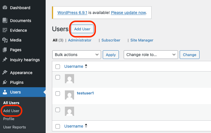 Screenshot of the Users window, showing the position of the 'Add users' buttons in the left hand menu and top of the users window.