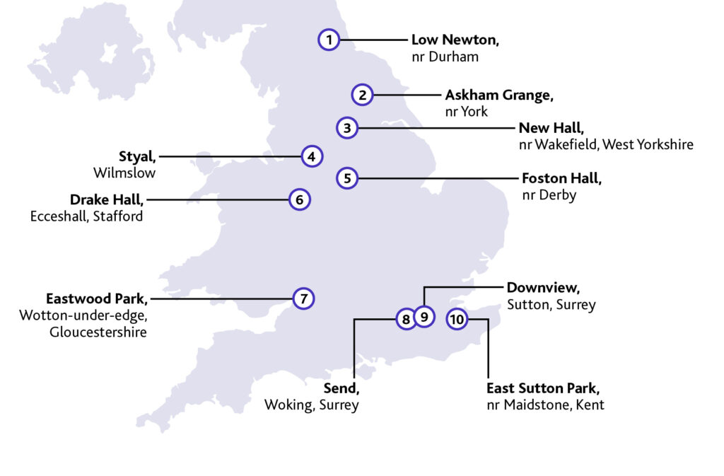 Map of the UK showing the location of women's prisons in England. Prisons are located near Durham, York, Wakefield, Wilmslow, Derby, Stafford, Gloucester, Sutton, Woking and Maidstone.