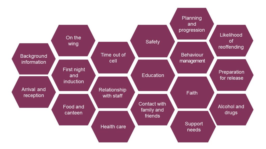 A graphic showing the different areas of prison life that the surveys cover