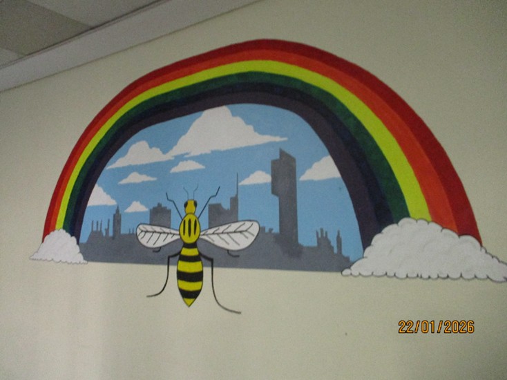 Photograph of a mural of a skyline of Manchester with a rainbow over it and a bee in front of it.