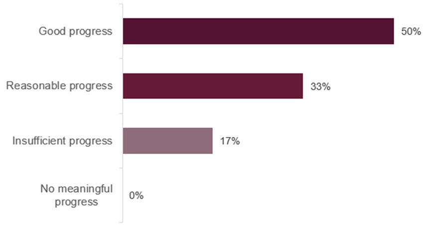 Bar chart showing progress on HMI Prisons concerns from the 2025 inspection. There had been good progress against 50% of concerns; reasonable progress against 33%; insufficient progress against 17%.