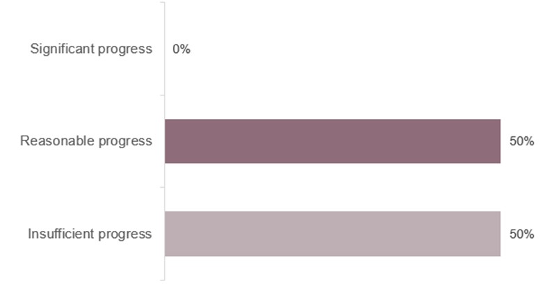 Bar chart showing progress on Ofsted themes from the 2025 inspection. There had been reasonable progress in 50% of themes and insufficient progress in 50%.