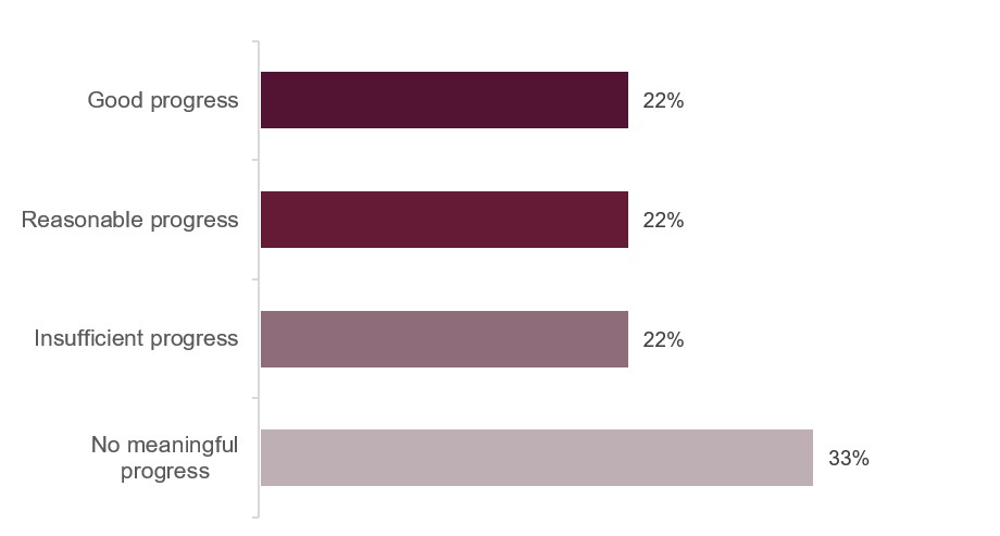 Bar chart illustrating progress against the concerns raised by HMIP at the last full inspection. Good progress had been made against 22% of concerns, reasonable progress against 22%, insufficient progress against 22%, and no meaningful progress against 33%.