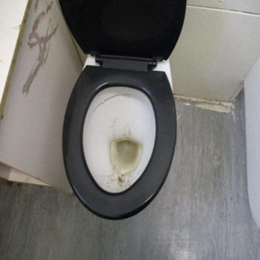 Photograph of a toilet bowl with a black seat and lid, showing visible stains and discoloration inside the bowl. Surrounding area includes a grey floor and white walls with some marks and wear.