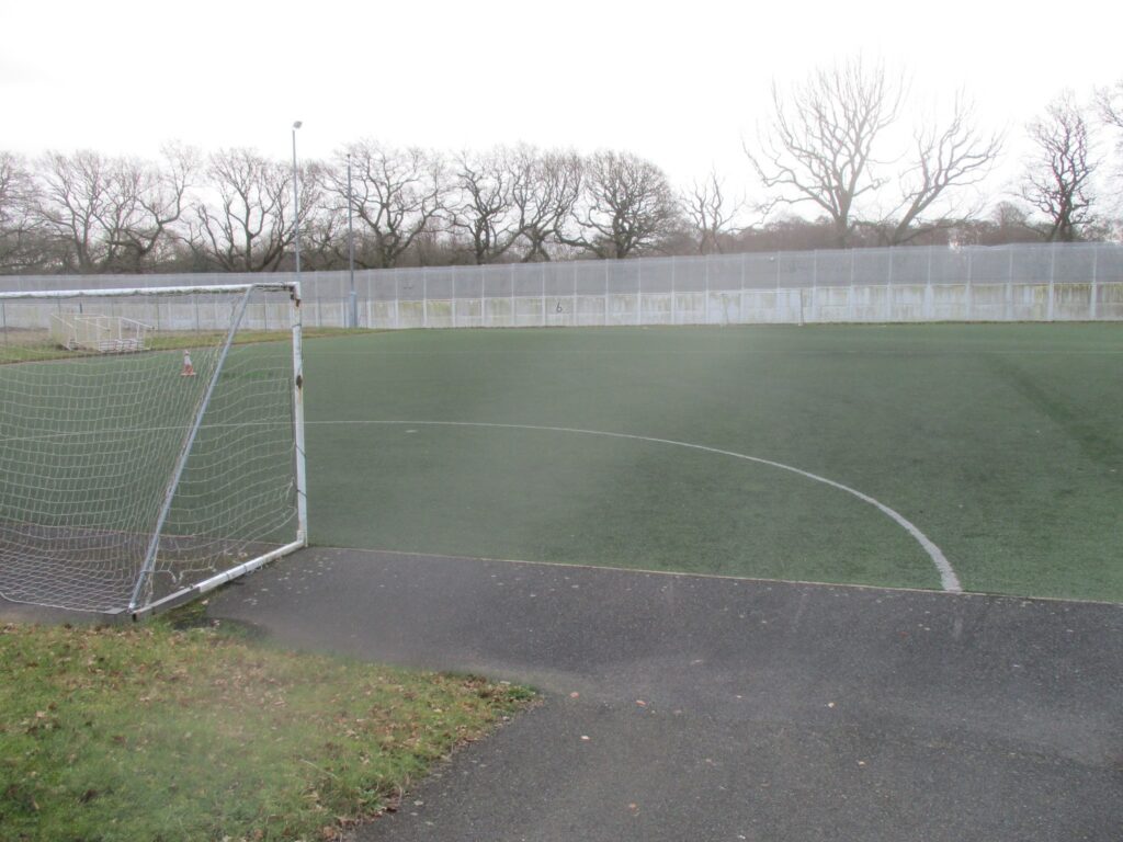Photograph of the disused football pitch. The surface is faded. A five-a-side size goal can be seen in the foreground. There is a fence around the pitch and trees can be seen behind the fence..