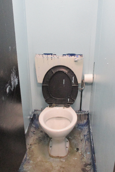 Photograph of the poor conditions in a small, narrow toilet cubicle on Westhill, showing a white toilet with a raised black seat and lid. The walls and floor show signs of wear and paint or ink splatters.