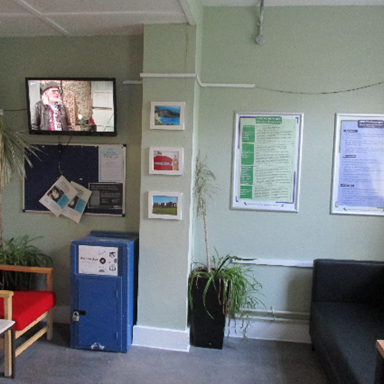 Photograph of a small waiting area featuring a red armchair and black couch against light green walls. The space includes a wall-mounted TV, several framed pictures, informational posters, and potted plants adding greenery.