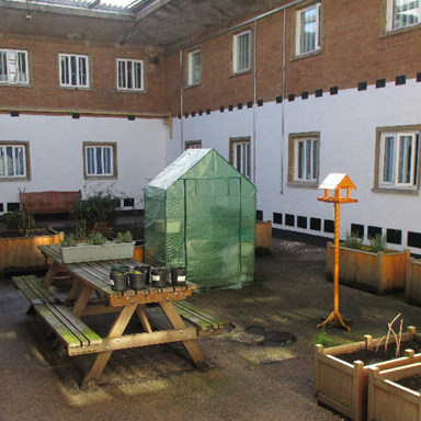 Photograph of the pre-PIPE garden featuring wooden planter boxes, a small green greenhouse, a wooden picnic table with gardening tools, and a bird feeder on a tall stand. The courtyard is surrounded by brick and white walls with multiple windows.