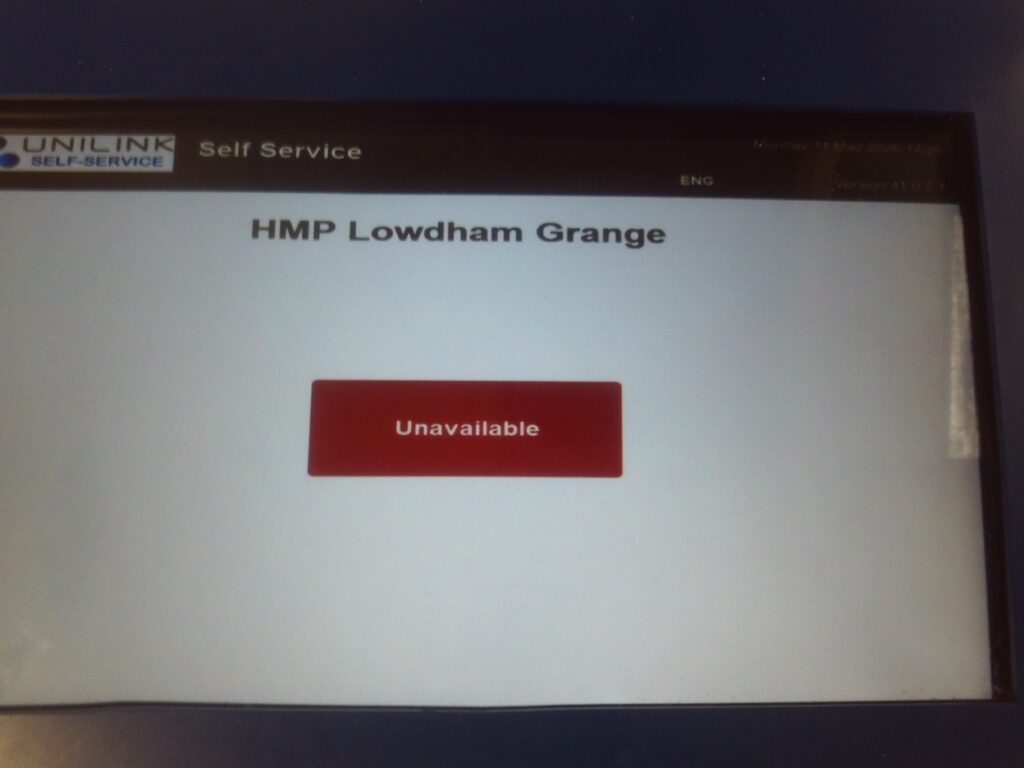 Photograph of the screen of an electronic wing kiosk. The screen is displaying an 'unavailable' message.