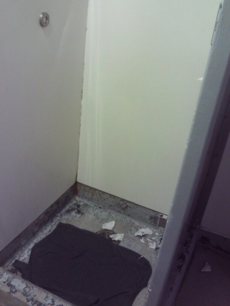 Photograph of a shower on the segregation unit. Some flaking paint can be seen.