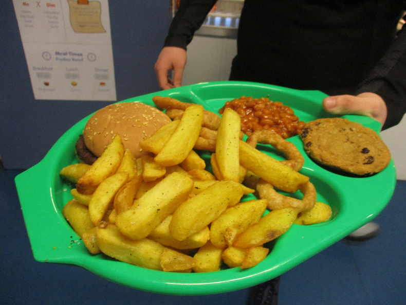 Photograph of a green cafeteria tray holding a meal consisting of thick-cut fries, a hamburger, onion rings, baked beans, and a chocolate chip cookie. The tray is held by a person wearing a black long-sleeve t-shirt, with a blurred background featuring a blue wall and a poster.