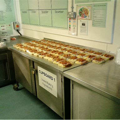 Photograph of a kitchen counter displaying multiple trays of prepared food arranged in rows. There is stainless steel surfaces, a labelled cupboard, and instructional posters on walls.