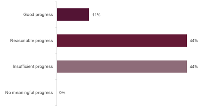 Bar chart showing progress against the HMI Prisons concerns from the 2025 inspection. There had been good progress in 11% of concerns, reasonable progress in 44% and insufficient progress in 44%.