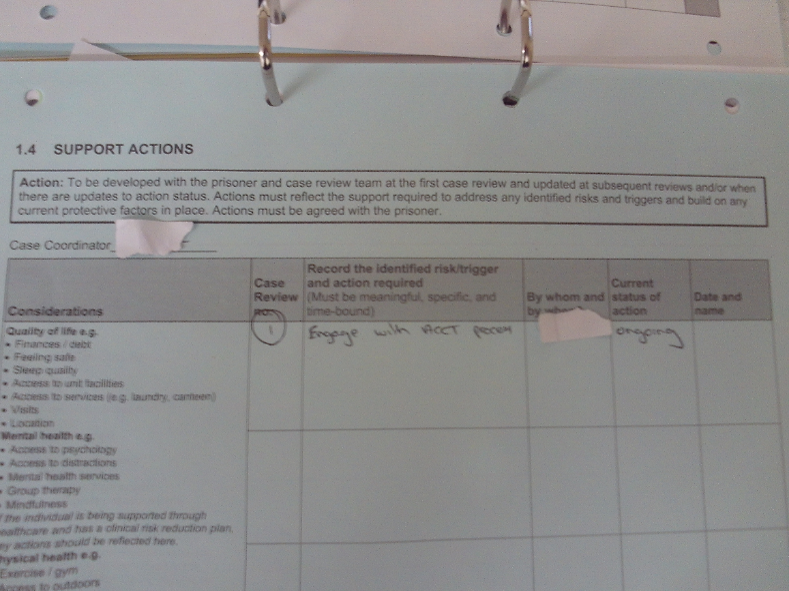 Photograph of an ACCT care plan with one action, to 'engage with ACCT forum'. The progress against it is just listed as 'ongoing'.