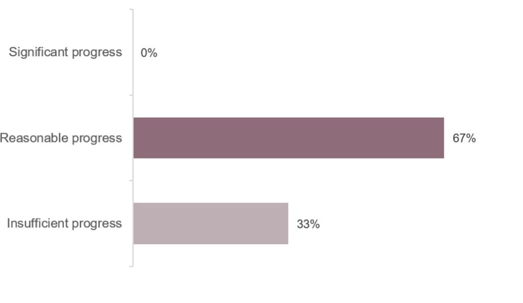 Bar chart illustrating progress against concerns identified by Ofsted at the October 2025 inspection of HMP Birmingham.. It shows that reasonable progress had been made against 67% of themes and insufficient progress had been made against 33% of concerns.