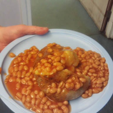 Photograph showing a hand holding a blue plate with baked beans poured over two baked potatoes.