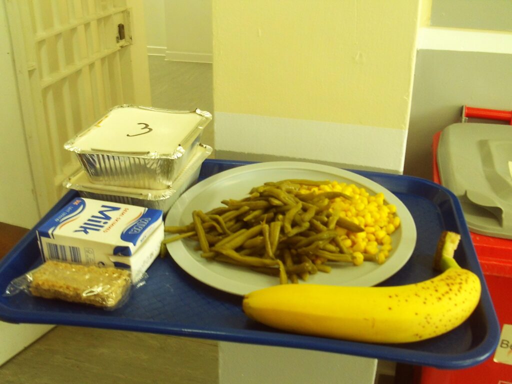 Photograph of a meal on a tray; a main course, with some extra portions in takeaway containers, a carton of milk, a biscuit and a banana.