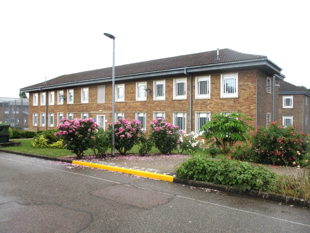 Photograph of an outdoor area in front of one of the buildings. There are  grass areas and large shrubs and bushes.
