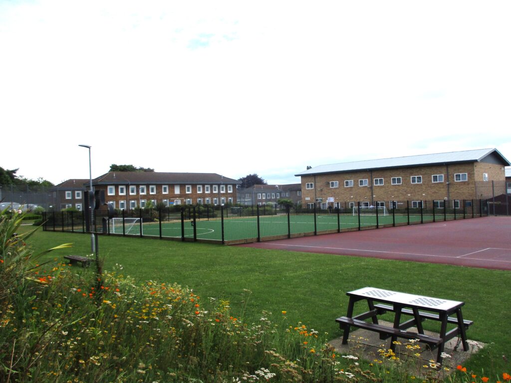 Photograph of the outdoor sports area, in which astroturf pitches can be seen, with grass areas and flower bads to one side of them.