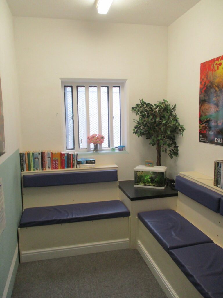 Photograph of the segregation unit well-being room. There are blue padded benches on two sides of the room, a small shelf of books under the window and a small indoor tree and fish tank in one corner.