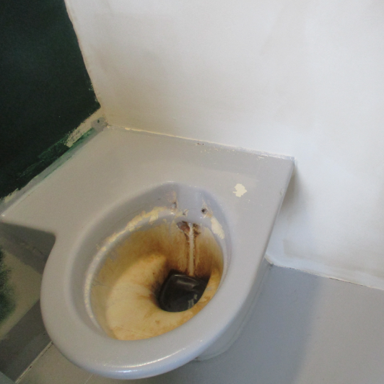 Photograph of a grey toilet bowl with significant brown stain buildup inside, located in a corner with white walls and a grey floor. The image highlights poor maintenance and cleanliness issues in a restroom setting.