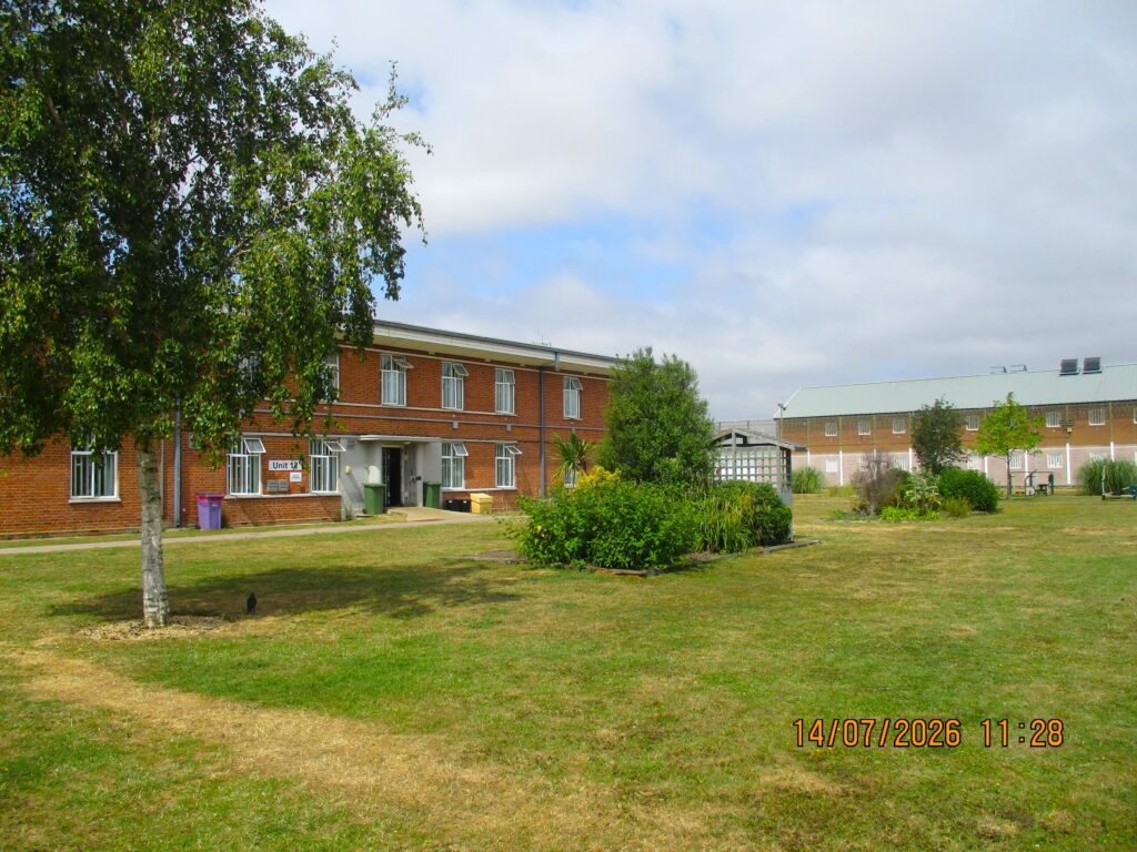 Photograph of the north site grounds, showing a grass area with shrubs and trees with buildings behind it.