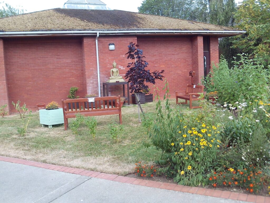 Photograph of the Buddhist garden, a space with shrubs and plans, benches and a statue of the Buddha on a plinth.
