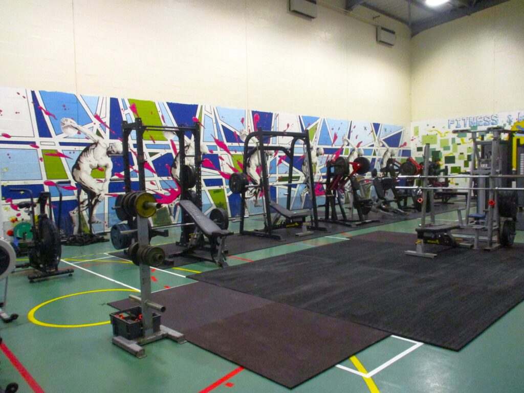 Photograph of the interior of the fitness and wellness centre. A variety of exercise equipment, including lots of weights, is arranged in rows.