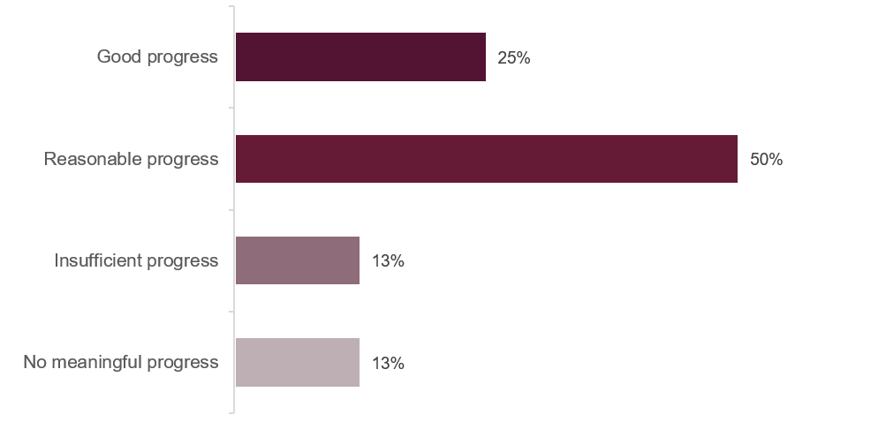 Horizontal bar chart showing progress on HMI Prisons concerns from the August 2025 inspection. Good progress (25%), Reasonable progress (50%), Insufficient progress (13%), and No meaningful progress (13%).