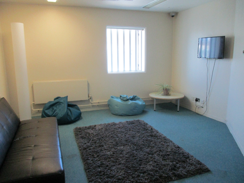 Photograph of a sparsely furnished lounge-type area featuring a dark sofa, blue beanbag chairs, shag rug, wall-mounted television, radiator, potted plant, and blue carpet.