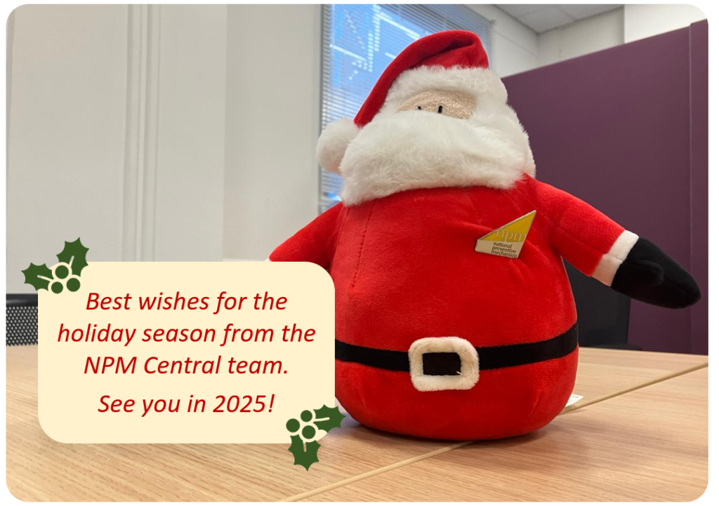 Father Christmas with a holiday well wishes message and an NPM badge.