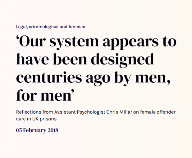Screenshot of a headline from the British Psychological Society, 2018, reading "Our system appears to have been designed centuries ago by men, for men"