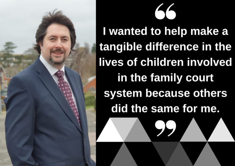 Sam stands in a suit smiling and posing outdoors. His quote from the blog is next to him in text and reads, "I wanted to help make a tangible difference in the lives of children involved in the family court system because others did the same for me."