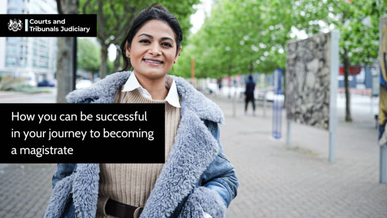 Picture of female magistrate with text: Learn how you can be successful in your journey to becoming a magistrate.