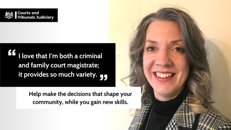 Picture of magistrate, Hayley, with quote "I love that I’m both a criminal and family court magistrate; it provides so much variety." and text: Help make the decisions that shape your community, while you gain new skills.