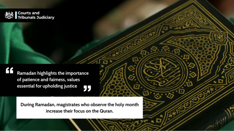 Infographic of Quran quoting 'Ramadan highlights the importance of patience and fairness, values essential for upholding justice. During Ramadan, magistrates who observe the holy month increase their focus on the Quran'