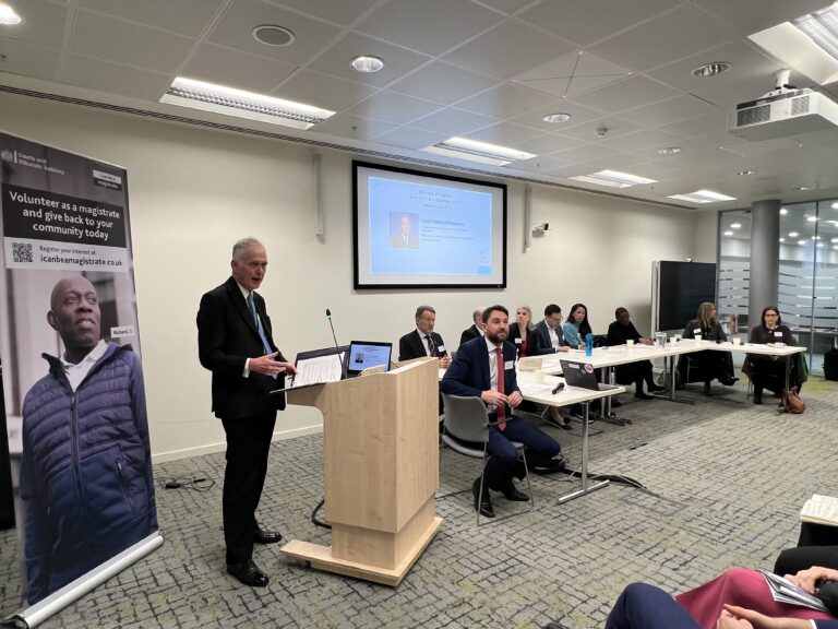 Lord Ponsonby speaking at event alongside magistrates and their employers