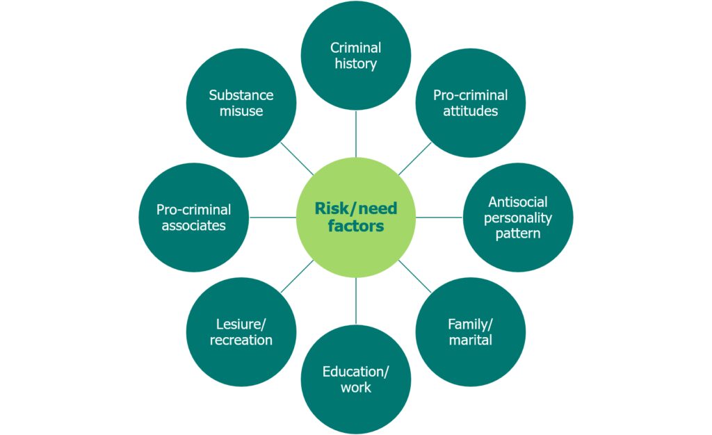 The Risk-Need-Responsivity Model diagram is shown. In the centre is a light green circle containing the words "Risk/need factors". Surrounding it are eight dark green circles connected by lines, each labelled with different factors: "Criminal history," "Pro-criminal attitudes," "Antisocial personality pattern," "Family/marital," "Education/work," "Leisure/recreation," "Pro-criminal associates," and "Substance misuse."