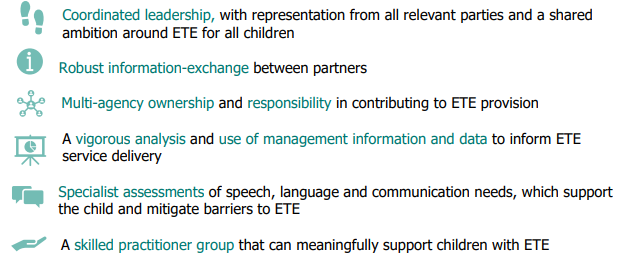 Image text lists expectations for ETE, including coordinated leadership, robust information exchange, multi-agency ownership, analysis of management information, specialist assessments, and a skilled practitioner group.