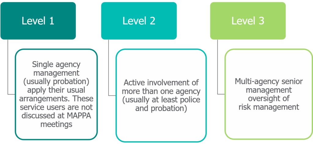 Level 1: single agency management (usually probation) apply their usual arrangements. These service users are not discussed at MAPPA meetings. Level 2: Active involvement of more than one agency (usually at least police and probation). Level 3: multi-agency senior management oversight of risk management.