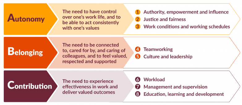 Infographic titled "ABC of compassionate leadership (The King's Fund)" with three components: Autonomy, Belonging, and Contribution. Each component is briefly described with related aspects.