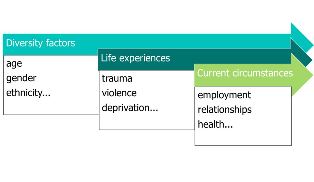 Infographic representing intersectionality for a 'whole-person' approach. Text reads: Diversity factors - age, gender and ethnicity. Life experience - trauma, violence and deprivation. Current circumstances - employment, relationships and health.