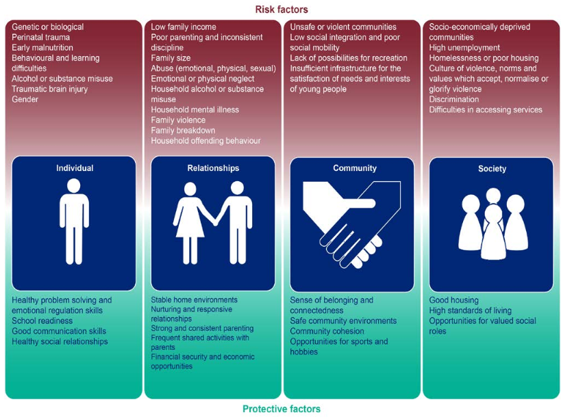 Infographic relating to "Factors linked to offending behaviour (Public Health England, 2019)." The content is divided into four columns, each with a different focus: Individual, Relationship, Community, and Society. Each column lists risk factors and protective factors associated with offending behaviour.