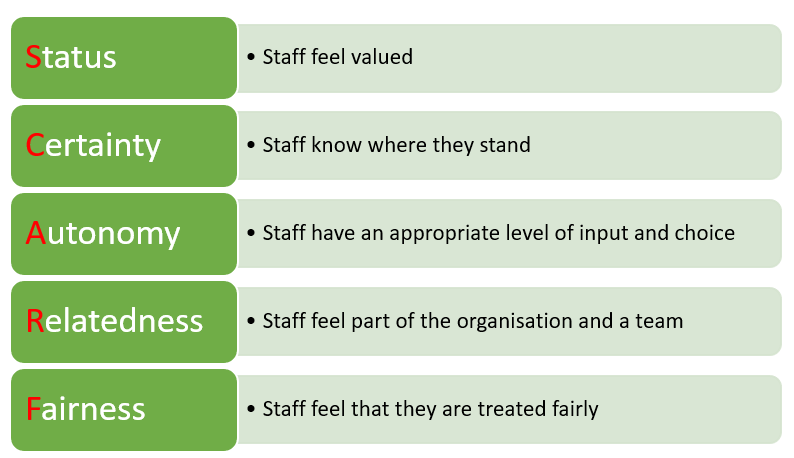 Visualisation of the SCARF model:
Status - Staff feel valued
Certainty - Staff know where they stand
Autonomy- Staff have an appropriate level of input and choice
Relatedness- Staff feel part of the organisation and a team
Fairness - Staff feel that they are treated fairly