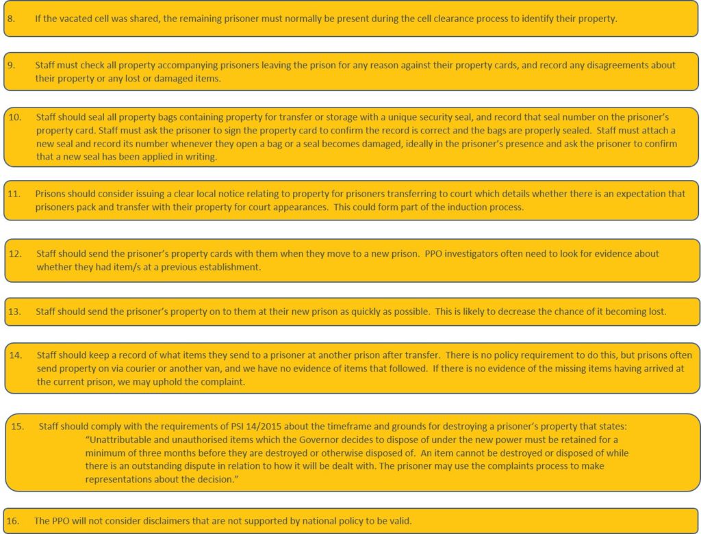 Prisons and Probation Ombudsman, property complaints, check list