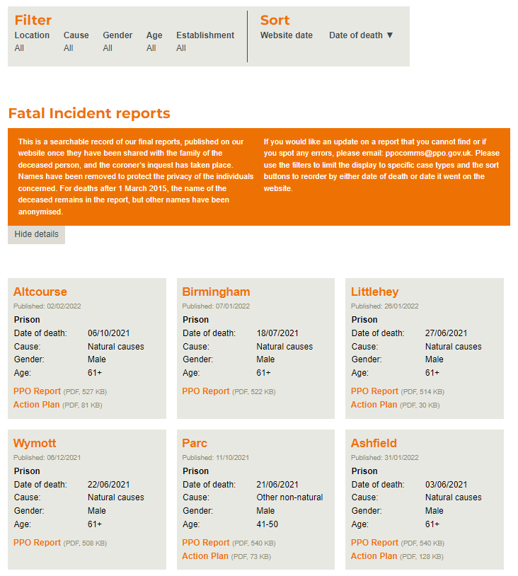 image of fatal incidents web page on PPO website