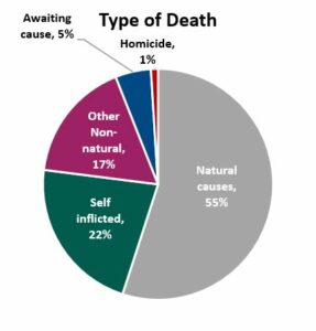 Type of death Homicide 1% Natural causes 55% Self inflicted 22% Other non-natural 17% Awaiting cause 5%