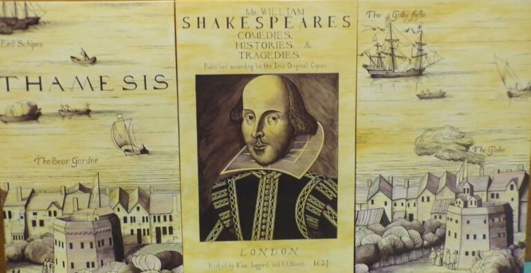 Image of William Shakespeare surrounded by a period illustration