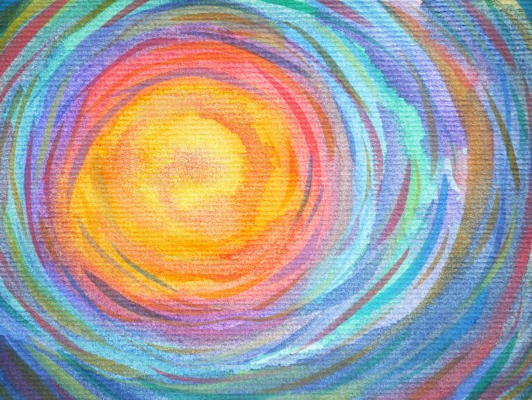 Painting of a spiral sun, with abstract pastel colours.
